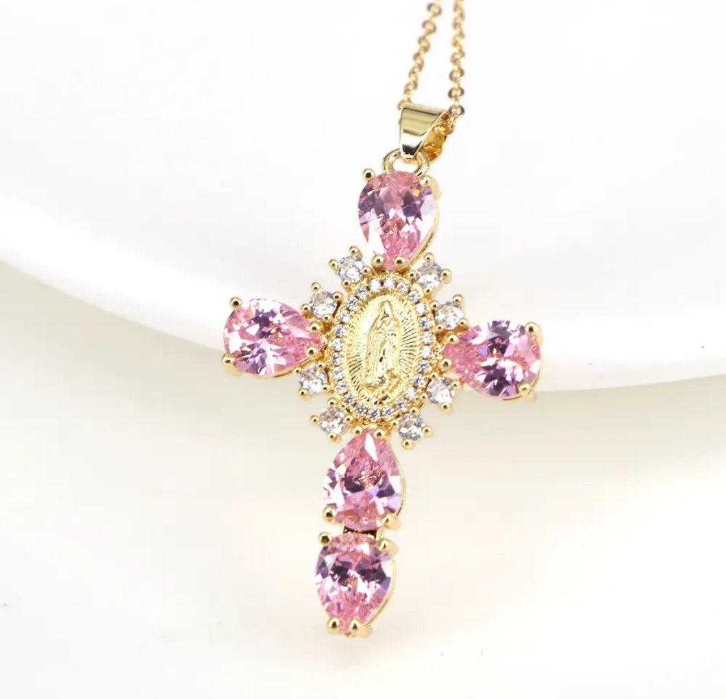 Ella Cross Necklace in Pink