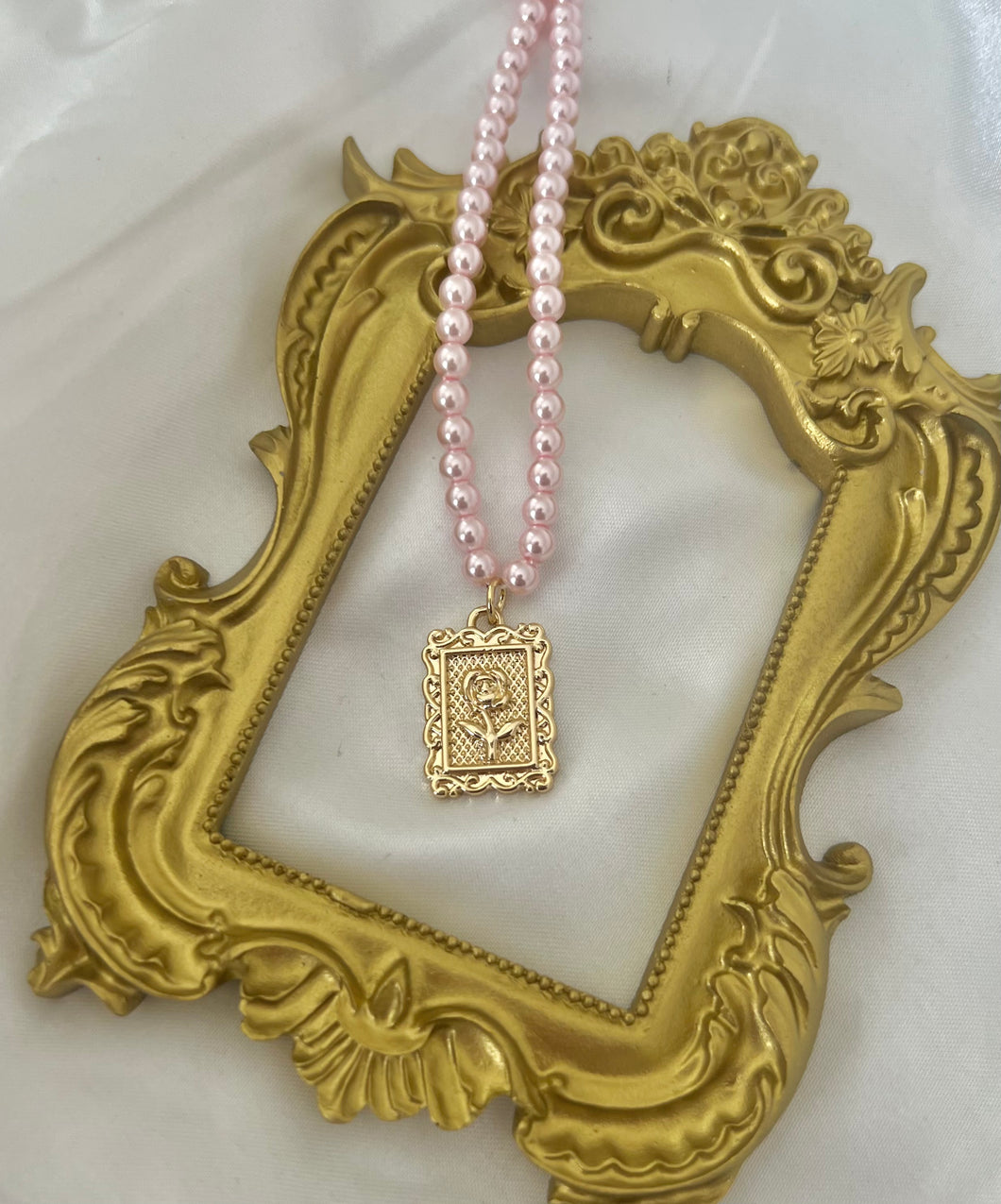 Framed Rose Pink Pearl Necklace