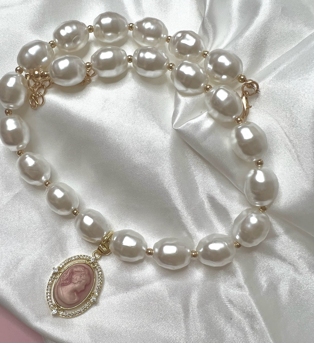 Pink Cameo Pearl Necklace